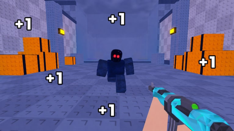 In-game screenshot of +1 DMG FPS combat as Defenders shoot AI robots attacking Earth